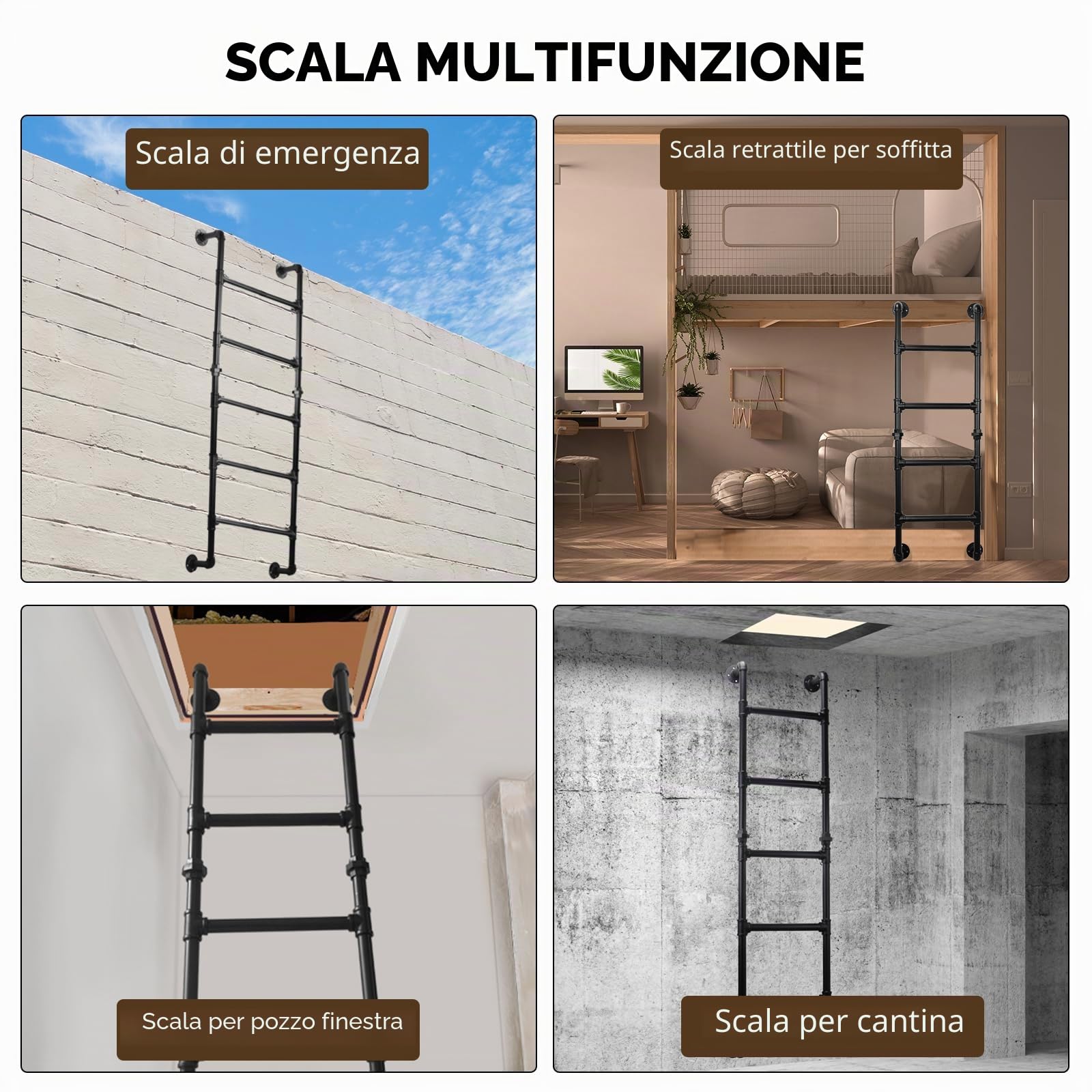 Scala a 4 Gradini per Letti a Castello, Pozzi di Finestra del Seminterrato e Soffitte, Scala di Emergenza in Metallo Nero, Capacità di Carico 150kg, 125cm, Ideale per Casa, Dormitorio, Terrazza