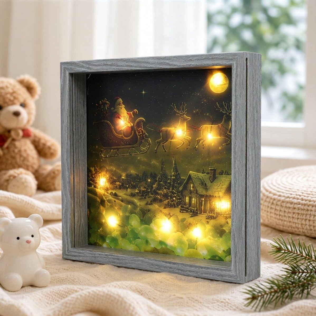 Weihnachtsdekorativer Fotorahmen mit LED Licht für Innen | Glasfront, Einfacher Fotowechsel, Festliche Beleuchtung, Wohnraum, Kamin oder Tisch, Winterliche Szene