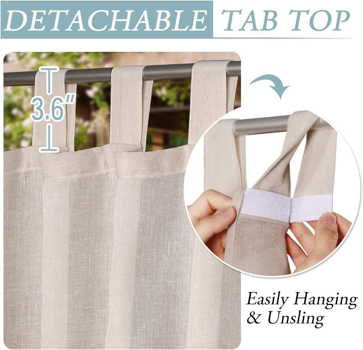 H.VERSAILTEX Outdoor Linen Sheer Curtains for Patio Waterproof - Outdoor Divider Privacy Added Light Filtering Porch Decor with Detachable Self-Stick Tab Top for Gazebo, Natural, 1 Piece, W52 x L95