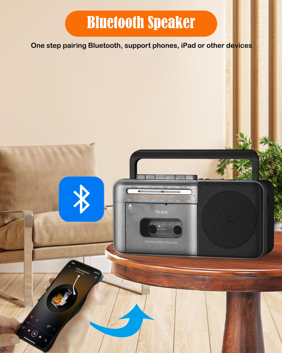 FIOLEES Portable Cassette Player Boombox AM FM, Cassette Tape