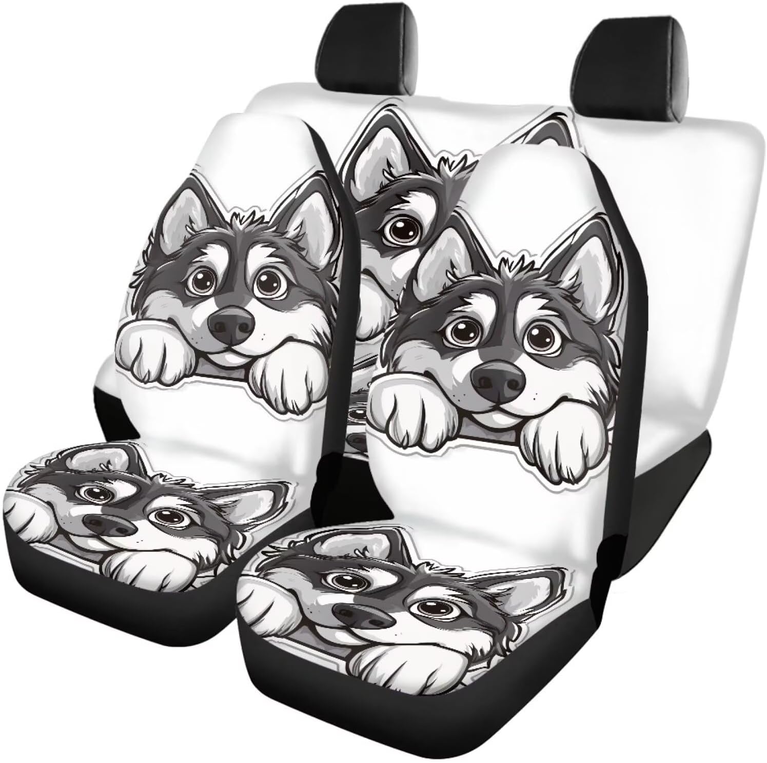 Amzbeauty Pink and Black Husky Print Universal Front Rear Car Seat Covers Accessories Set for Women Breathable Design