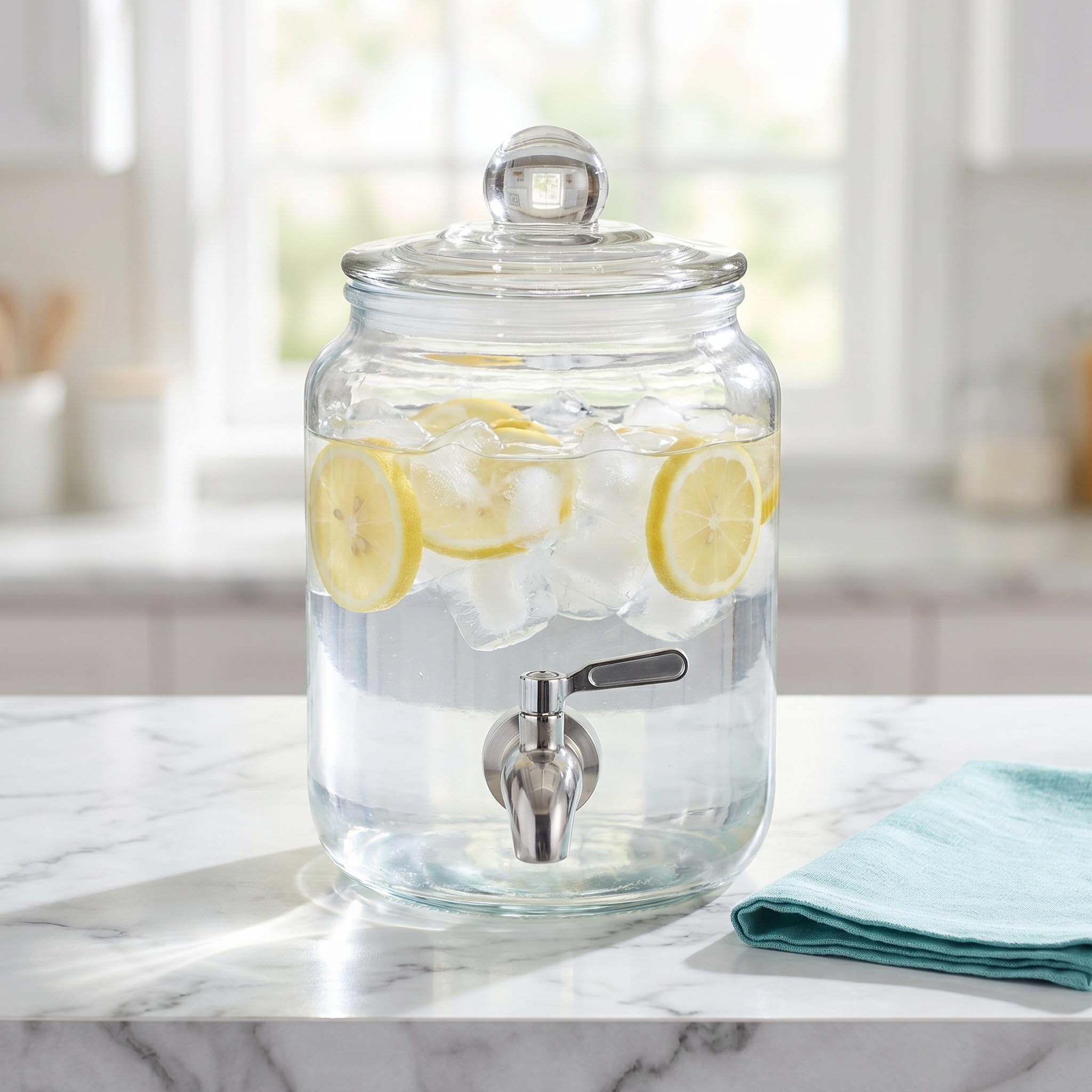 ibasenice Getränkespender für den Kühlschrank – 1,5-Liter-Glas-Getränkespender mit Edelstahl-Zapfhahn und Deckel – Große Öffnung, einfaches Befüllen – für Limonade, Eistee, Saft und