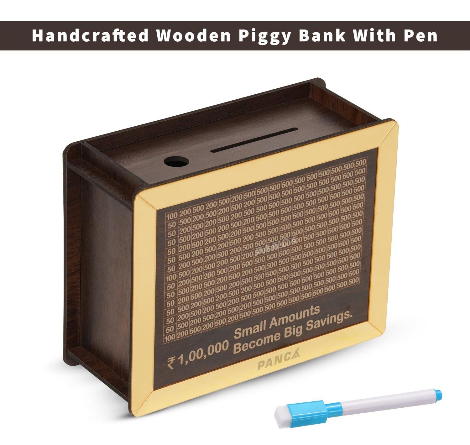 PANCA Wooden Piggy Bank with Pen Money Saving Box for Kids & Adults, Coin Savings Box Wooden Coin Box, Money Saver, Piggy Bank with Numbers Rupees Savings Box 3
