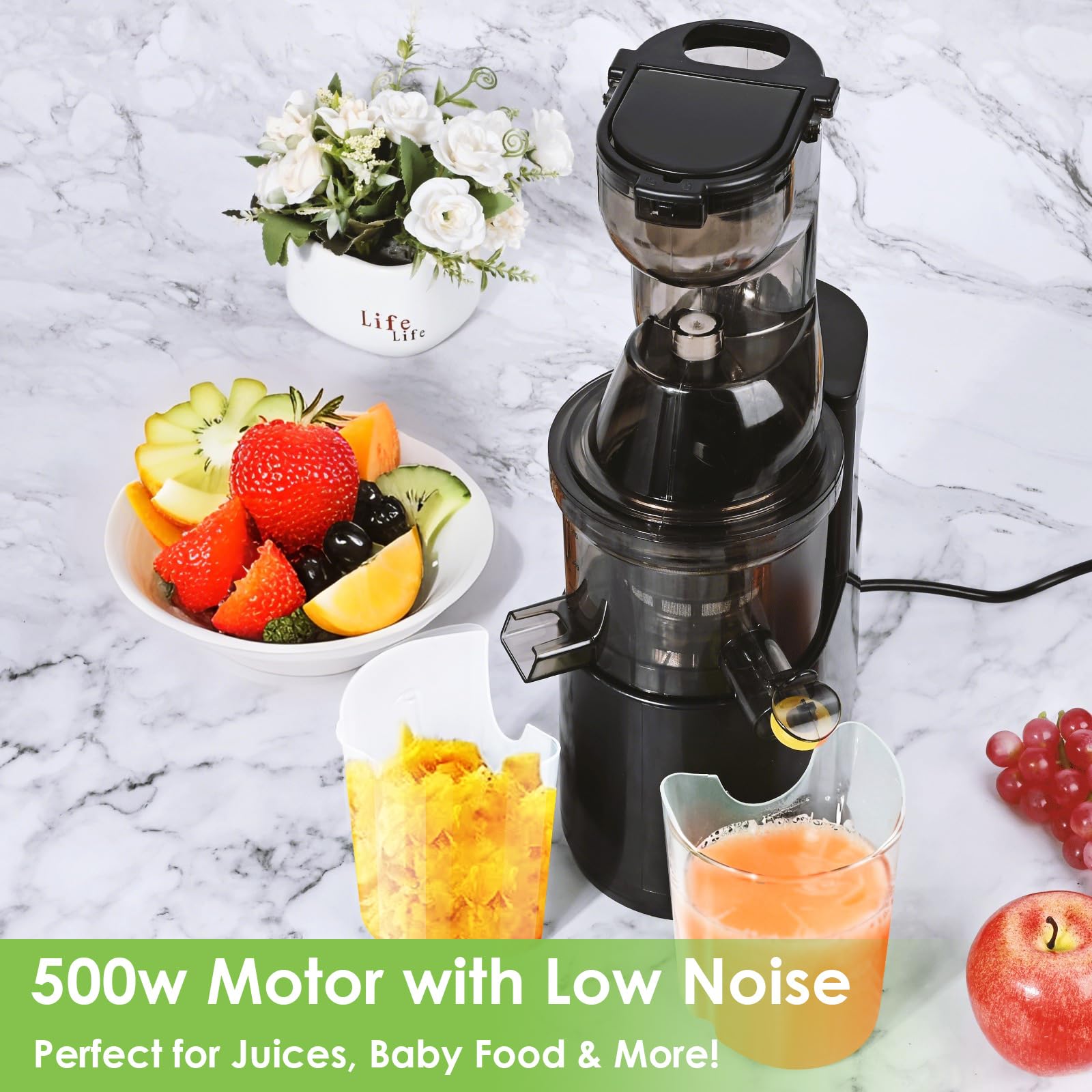 Extracteur de jus pour légumes et fruits, 500 W, double tube d'alimentation, 1,2 l, 2 verres, noir