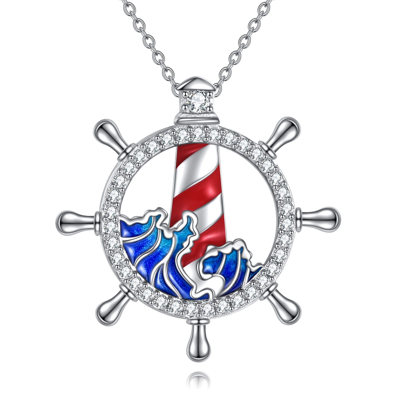 AXELUNA Collar con colgante de faro de plata de ley, collar de ola de mar, regalo para mujeres, hombres, amantes de la mamá