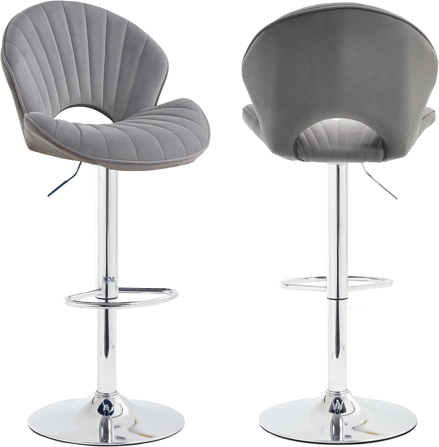 Bar Stools Set of 4, Adjustable Height Swivel Bar Chairs with Backrest & Footrest, Velvet Fabric Counter Stools for Kitchen Island, Dining Room, Home Bar (Grey, Set of 4)