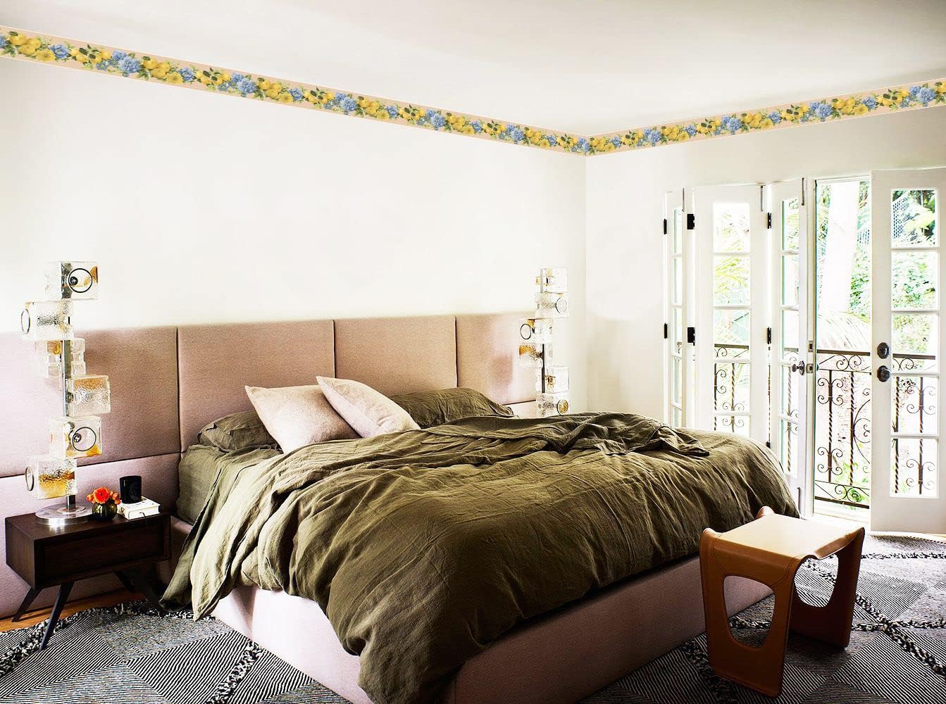 Dundee Deco Wallpaper Border Peel and Stick DDAZBD9530 - Floral Yellow Green Blue Lemons Flowers Wall Border Retro Design, 15 ft x 7 in (4.57m x 17.78cm), Self Adhesive