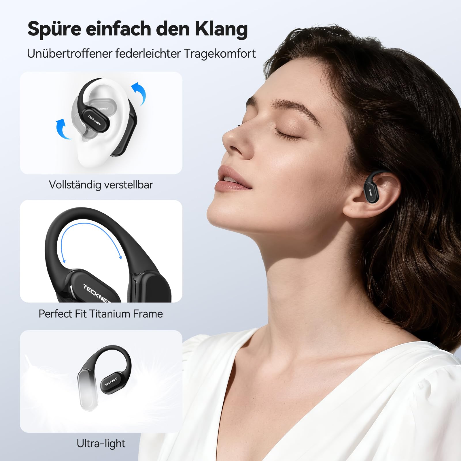 TECKNET Open-Ear Kopfhörer, Bluetooth Knochenschall Kopfhörer Kabellos, 60 Stunden Spielzeit und Schnellladung, IP68 Wasserdicht, Leicht Sport Kopfhörer Kabellose Mit Tragekoffer