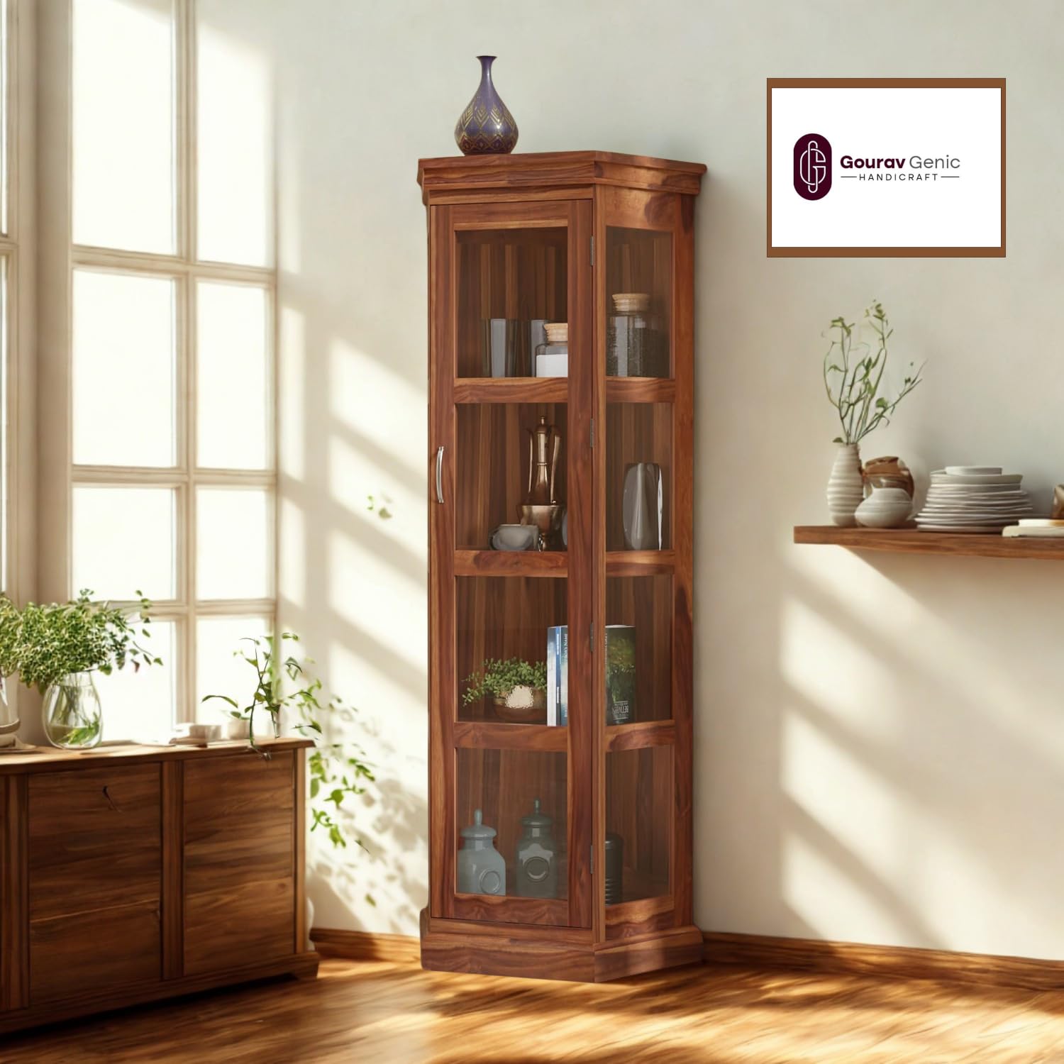 Gourav Genic Handicraft Solid Sheesham Wood Glass Door Bookcase | Wooden Display Cabinet with 5 Shelves | Storage Showcase for Living Room, Bedroom, Office & Library | Honey Finish-image-5