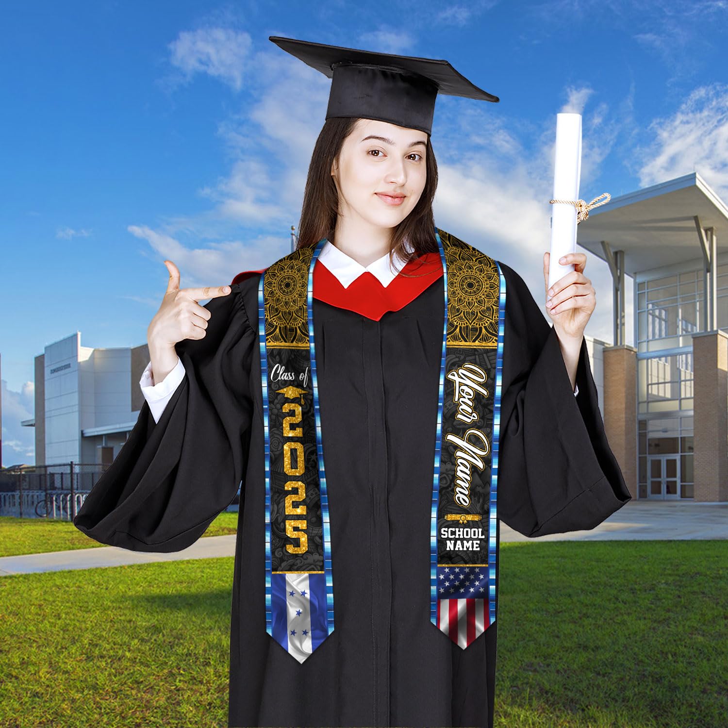 MonkeyVan Personalized Honduran Graduation Stole 2025, Honduras Flag Graduation Sash, Honduran American Flag Grad Stole 2025 Hdr 5