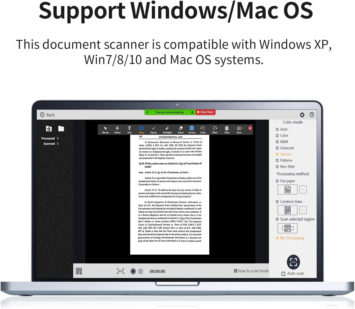 Screenshot of the CZUR scanning software interface running on a laptop, showing compatibility with Windows and Mac OS.