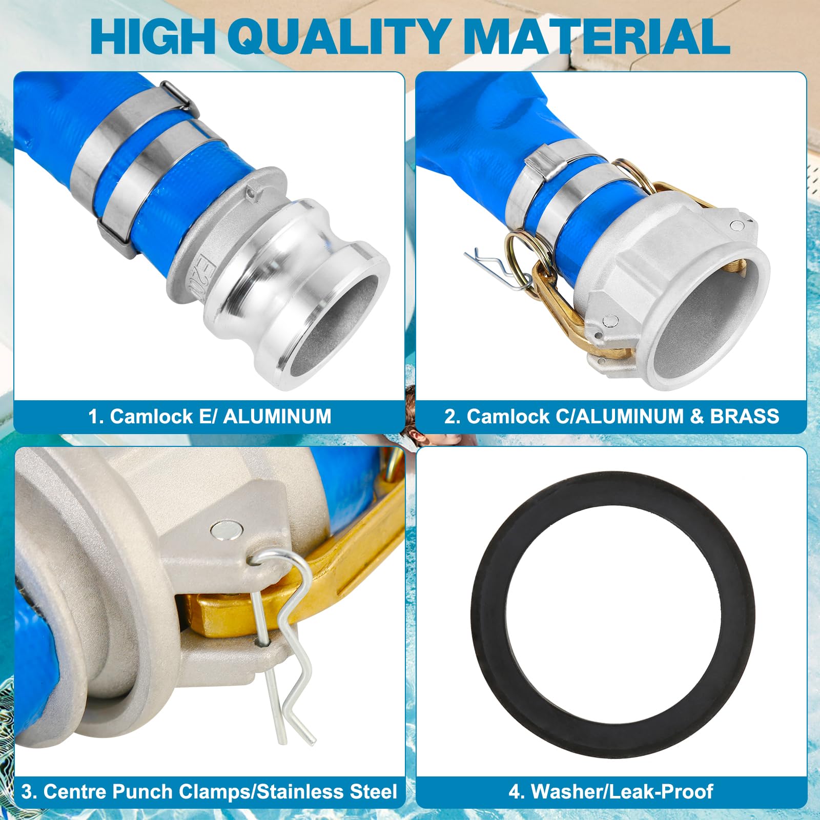 Manguera de descarga de 2 x 50 pies, manguera de lavado de agua plana de PVC resistente, manguera de drenaje de piscina duradera con accesorios CE de aluminio para bomba de agua y filtros