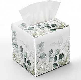 Eucalyptus Leaves Tissue Box Cover, Green Leaves Tissue Box Holder, Square Facial Paper Case, Cube Facial Paper Organizer Dispenser for Bedroom Vanity Countertop Nightstands/Leather-14