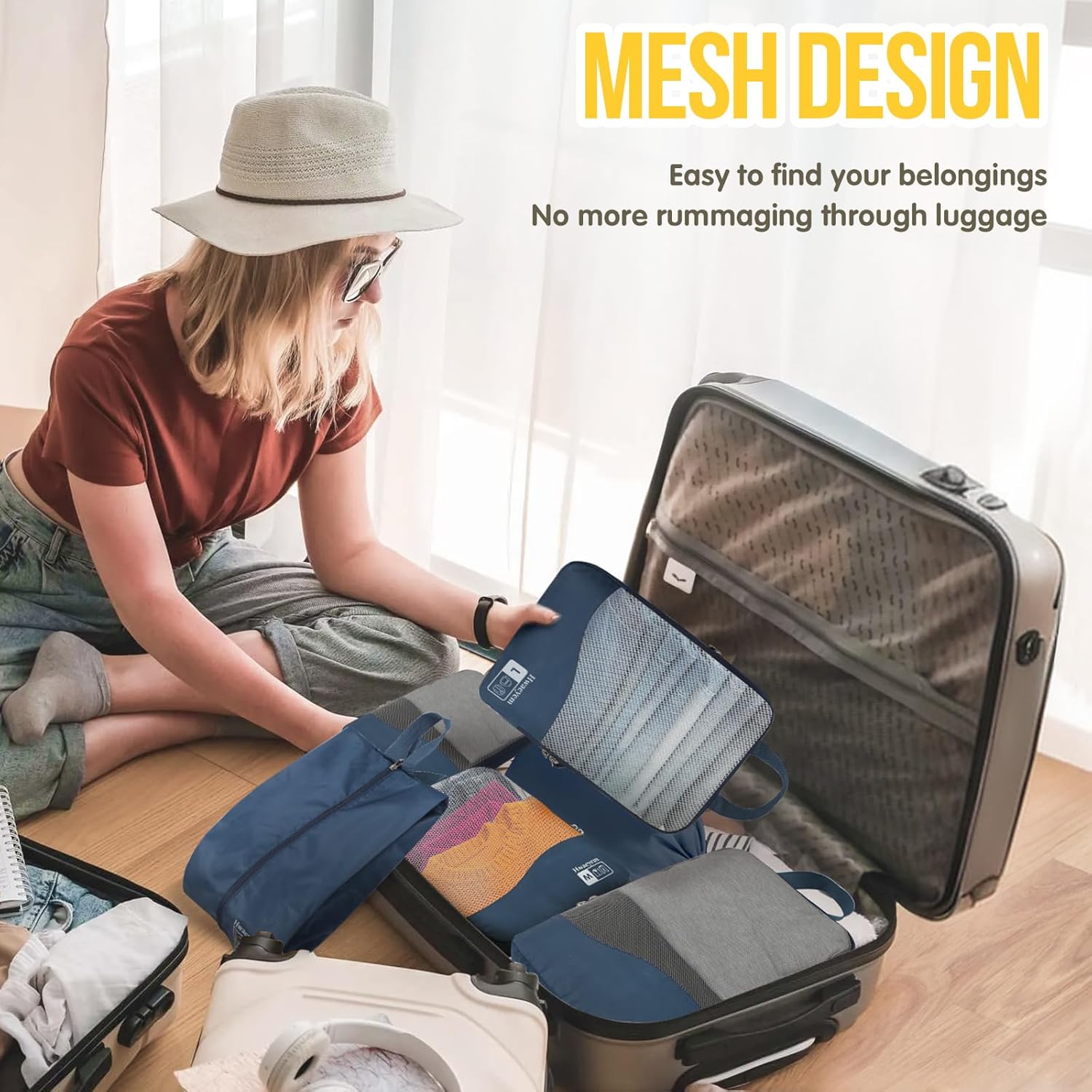 Compression Packing Cubes 8 Set, See-Through Mesh Compression Packing Cubes Travel for Carry on Women/Men, Dual Zipper Packing Bags for Suitcases, Luggage and Backpacks (Navy Blue) 8 Set Navy Blue image 2 of 9 B0FGCPP1CH