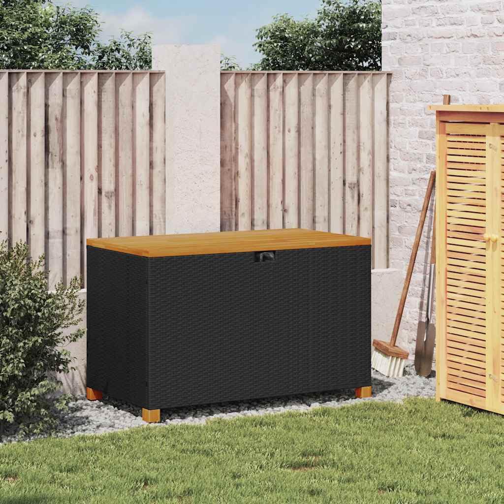 Skrzynia ogrodowa, czarna, 110 x 55 x 63 cm, polirattanowa z blatem z drewna akacjowego, odporna na warunki atmosferyczne, skrzynia do siedzenia na taras, balkon, miejsce do przechowywania