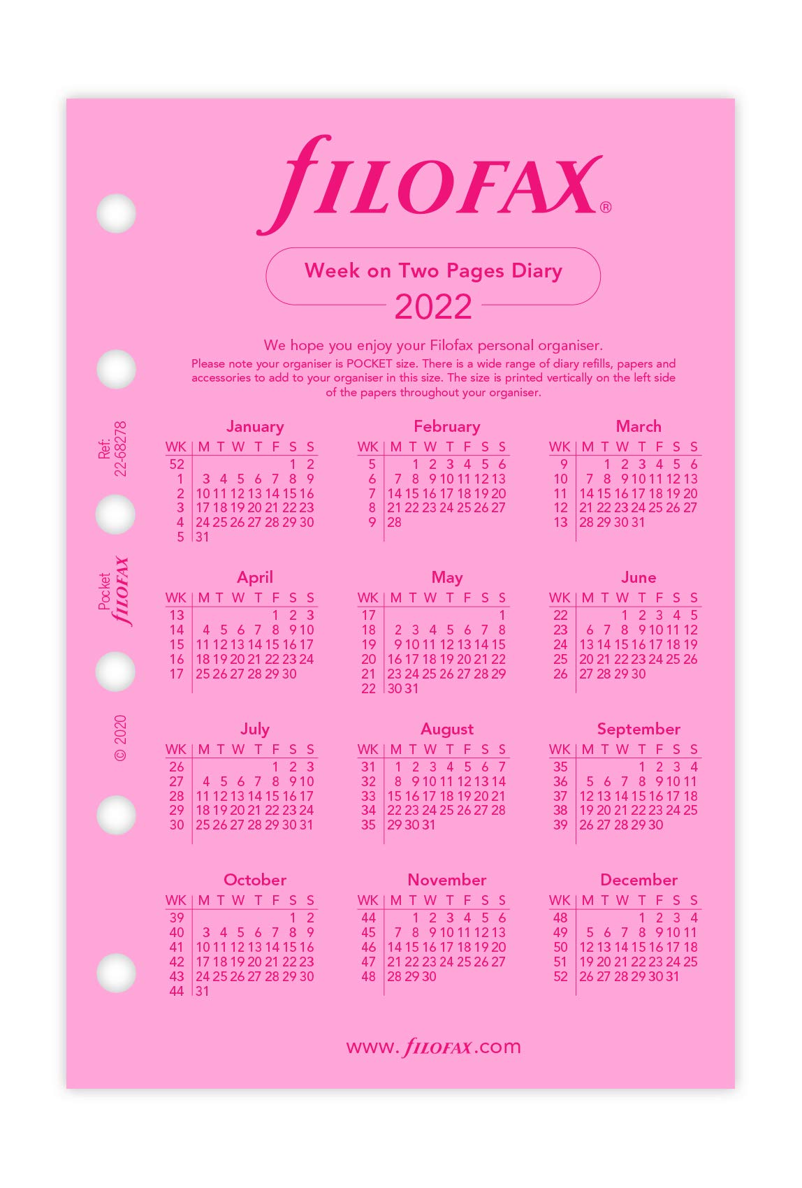 Filofax - Agenda tascabile 2022, 2 pagine, colore: rosa