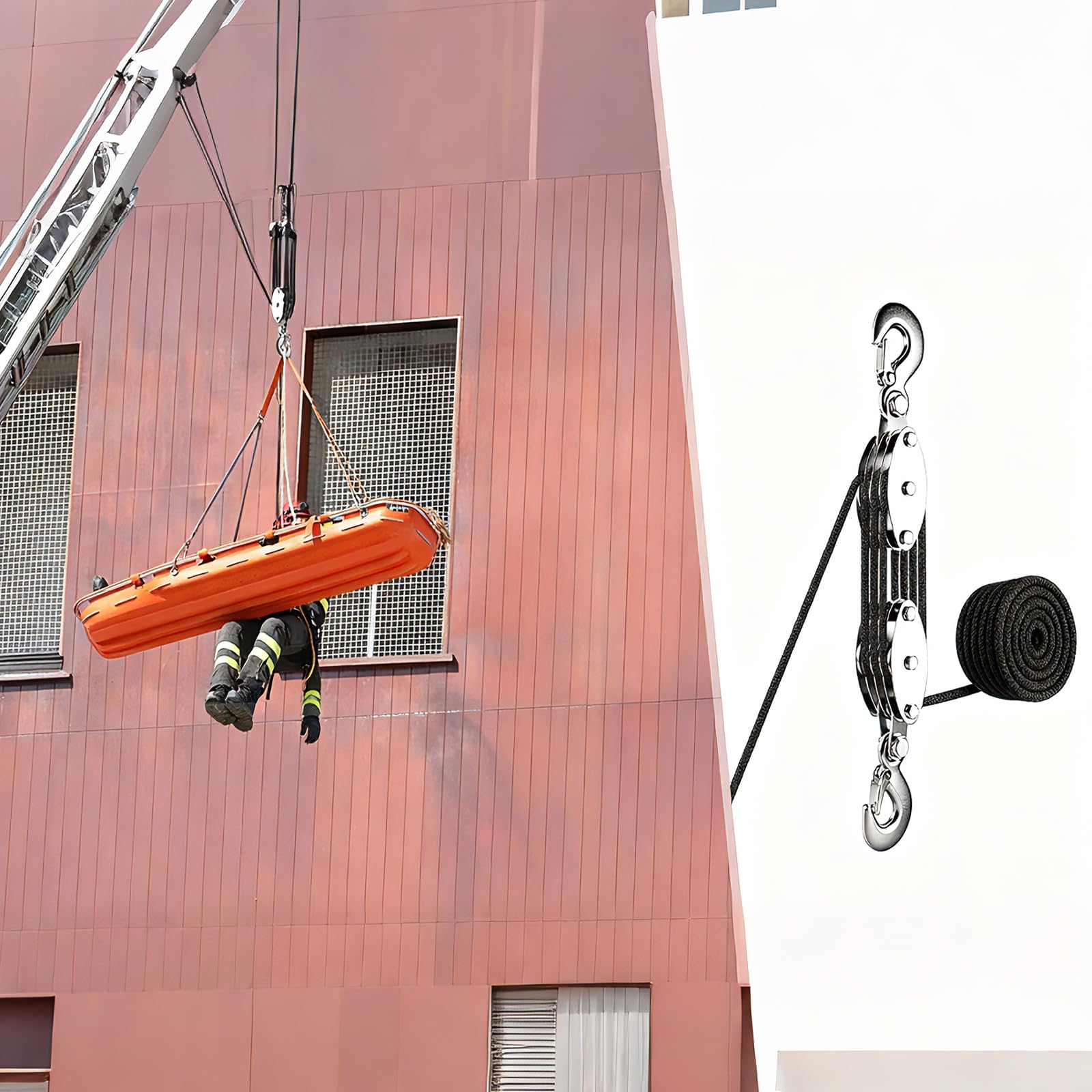 Poulie avec frein à câble - Économie de travail 8:1 - Capacité de levage avec corde de 20 m - 300 kg - Charge maximale pour la chasse, les entrepôts, les garages, le levage d'objets lourds
