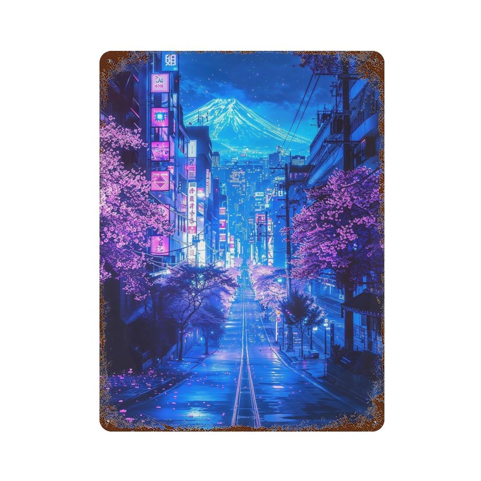 Futuristic Fuji Neon Bloom Aged Metal Wall Plaque 15.7"x11.8", Industrial Home Decor for Pub, Kitchen And Man Cave Decor