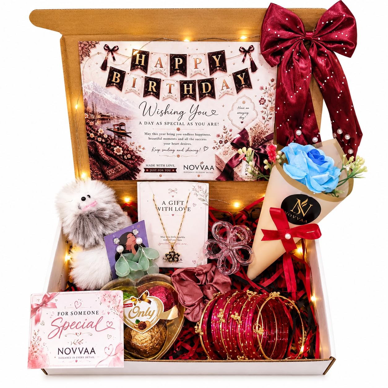 Luxury Birthday Gift Hamper for Women & Girls | Rose Bouquet, Jewellery Set, Bangles, Hair Accessories, Teddy Keychain & Chocolate | Personalized Birthday Gift Box-image-19