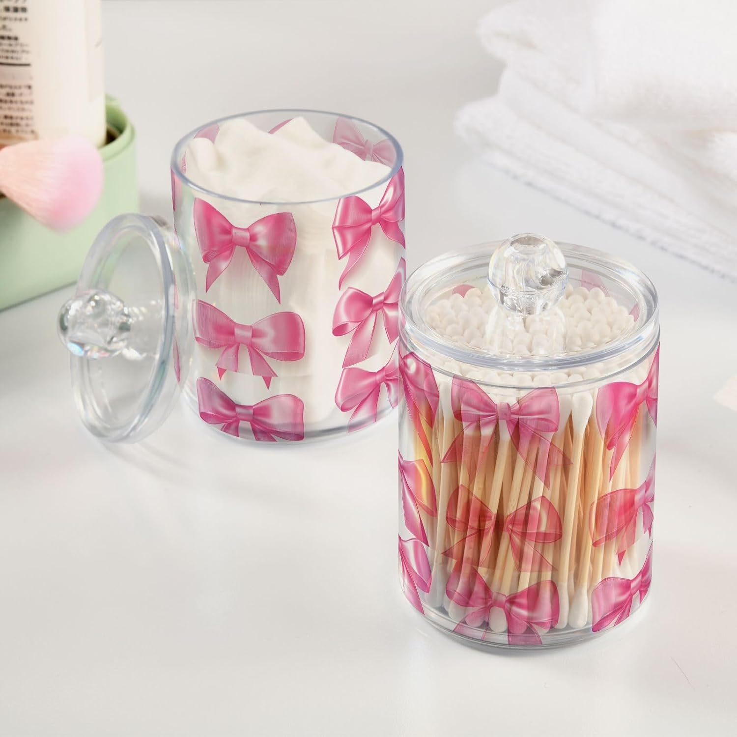 Pink Bow 2 Pack Qtip Holder Dispenser for Cotton Ball, Apothecary Jars with Lid, Cotton Swab, Cotton Round Pads,Bathroom Canisters