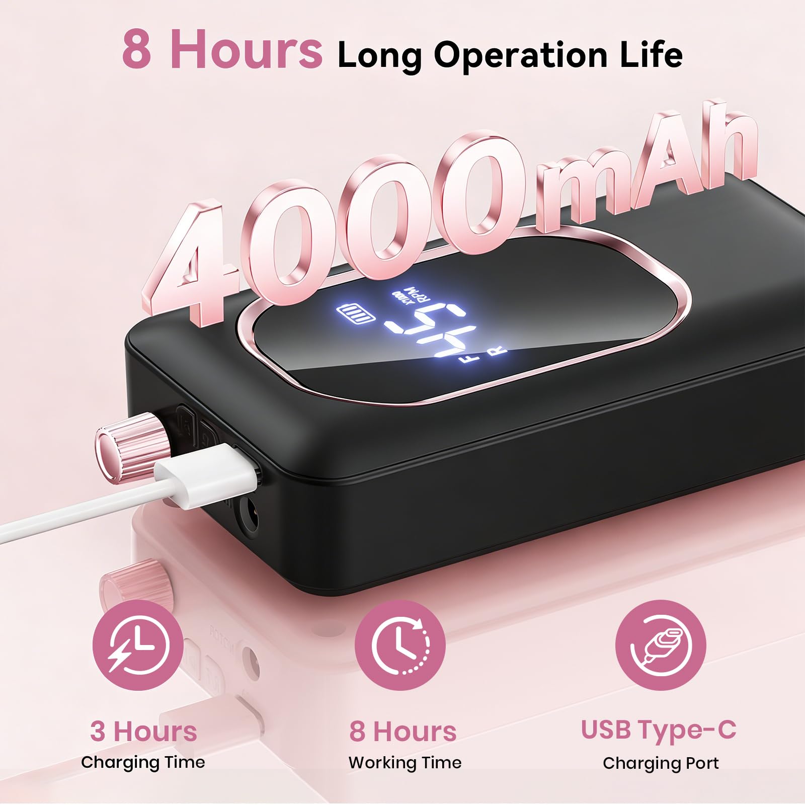 Elektrische Nagelfeile, Schwarze Nagelbohrmaschine Pro Wiederaufladbar 4000mAh mit 8 Stunden Laufzeit, 45000U/min Acryl Nagel Kit für Gel, E Feilen Set mit 6 Bits, 7 Bändern, LED-Bildschirm