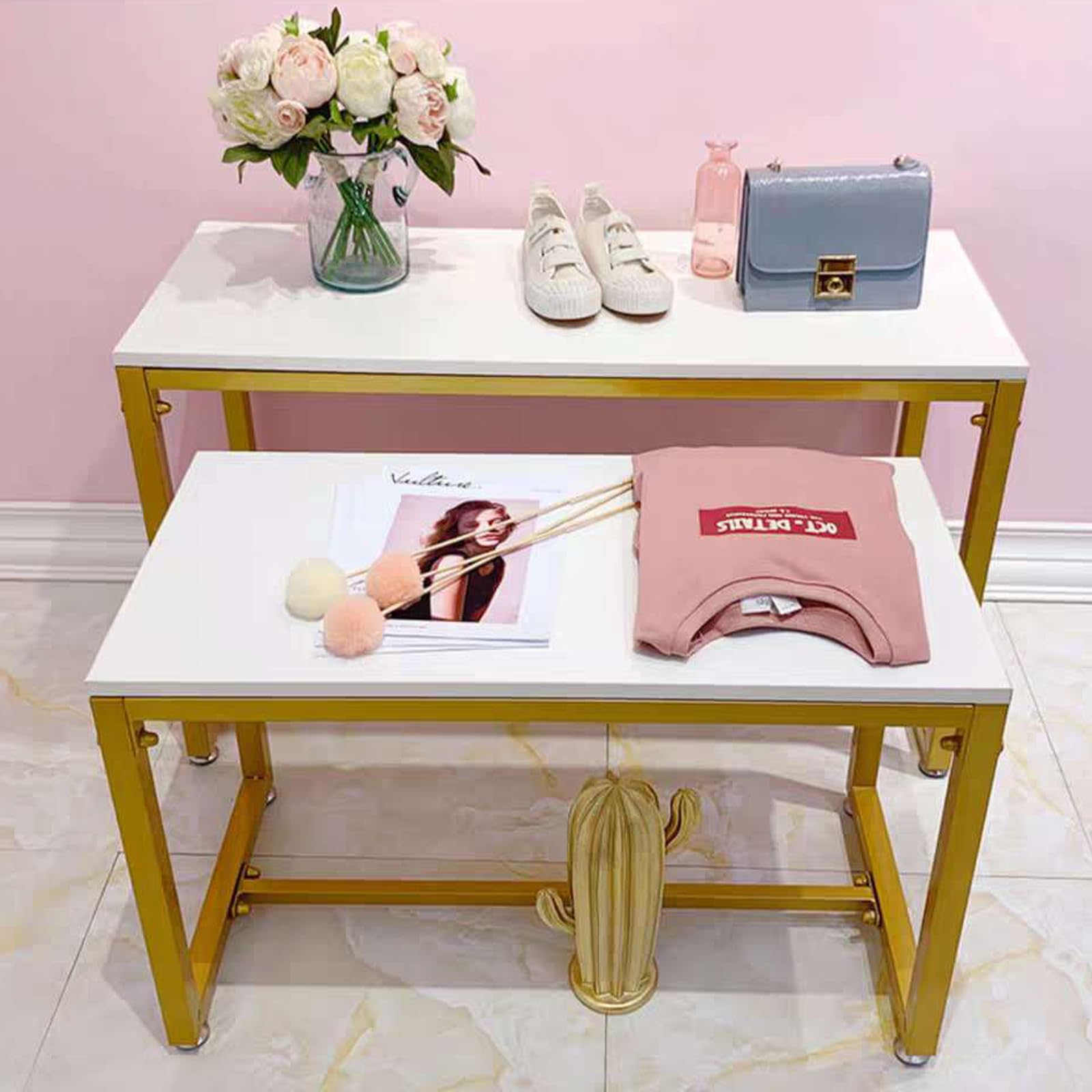 NATICRISI Metal Shoe Handbag Display Stand, 2 Tier Heavy Duty, Gold & White, Nano Baking Paint Surface, Staggered Heights Design