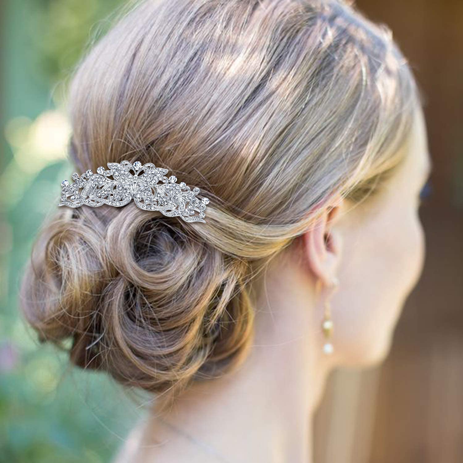 EVER FAITH Wedding Butterfly Wave Hair Comb Clear Austrian Crystal Silver-Tone