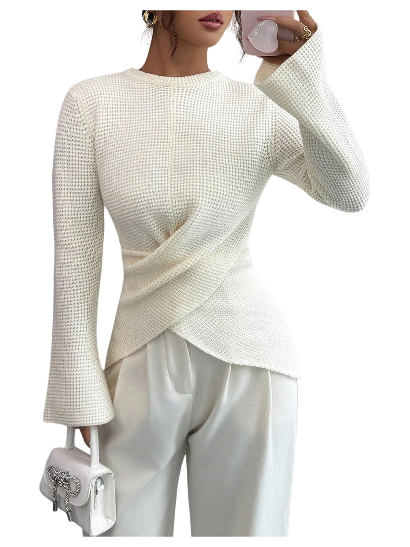 MakeMeChic Womens Wrap Ruched Sweater Crew Neck Bell Sleeve Waffle Knit Business Pullover Tops