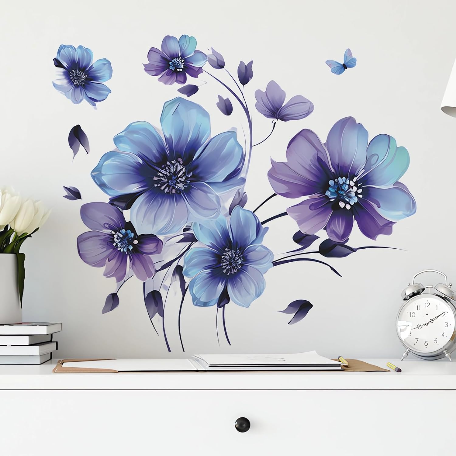 Blue-Purple Ink Daisy Violets Flower Wall Stickers, sacinora Butterfly Floral Art Wall Decals Removable Vinyl Peel and Stick for Living Room Bedroom Nursery Children's Room Decorations - Image 3