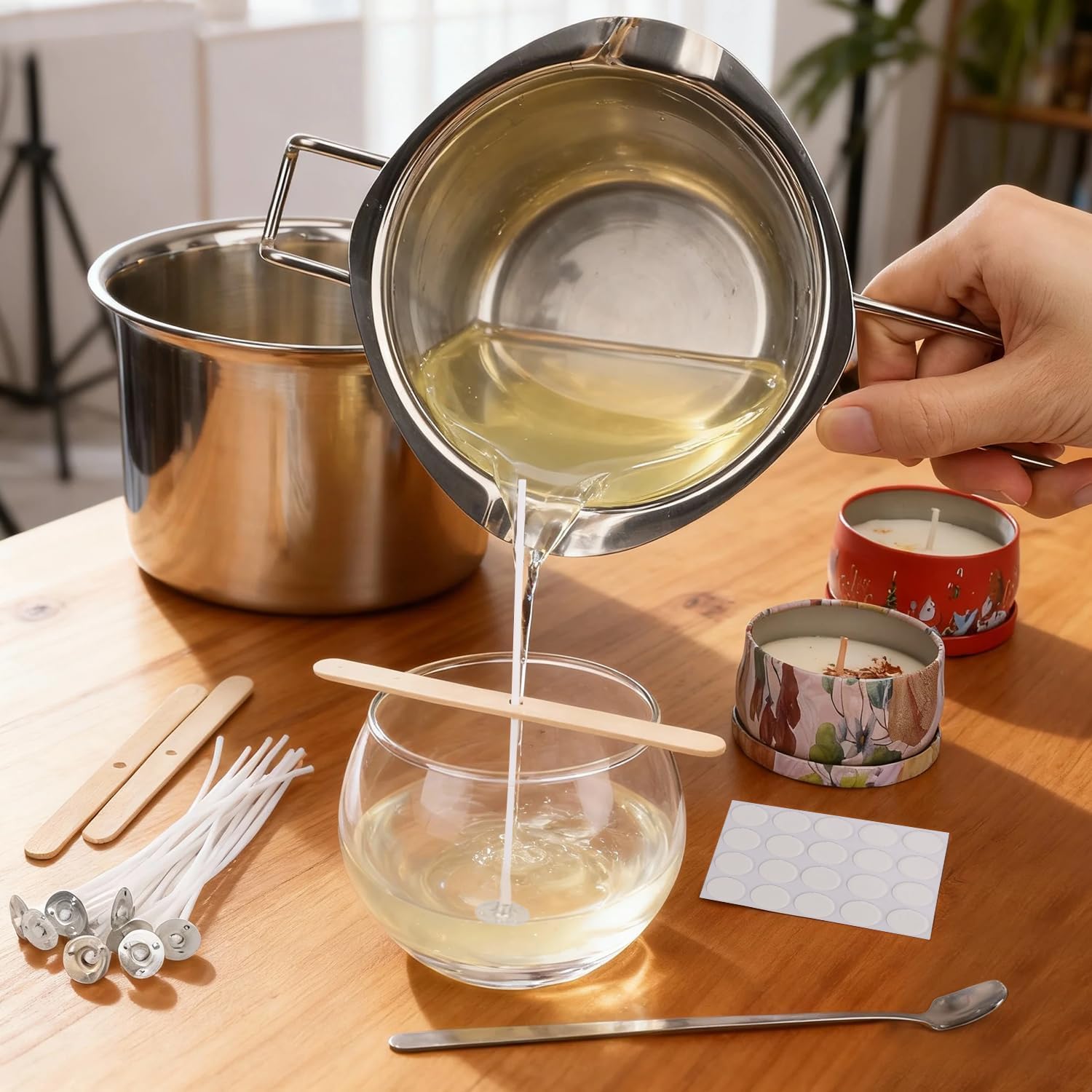 Set di 3 pentole per sciogliere la cera, in acciaio inox con cucchiai, vaschetta per bagnomaria e vasetto per versare candele, fondere, conservare e confezionare cera d'api di soia, conservare e