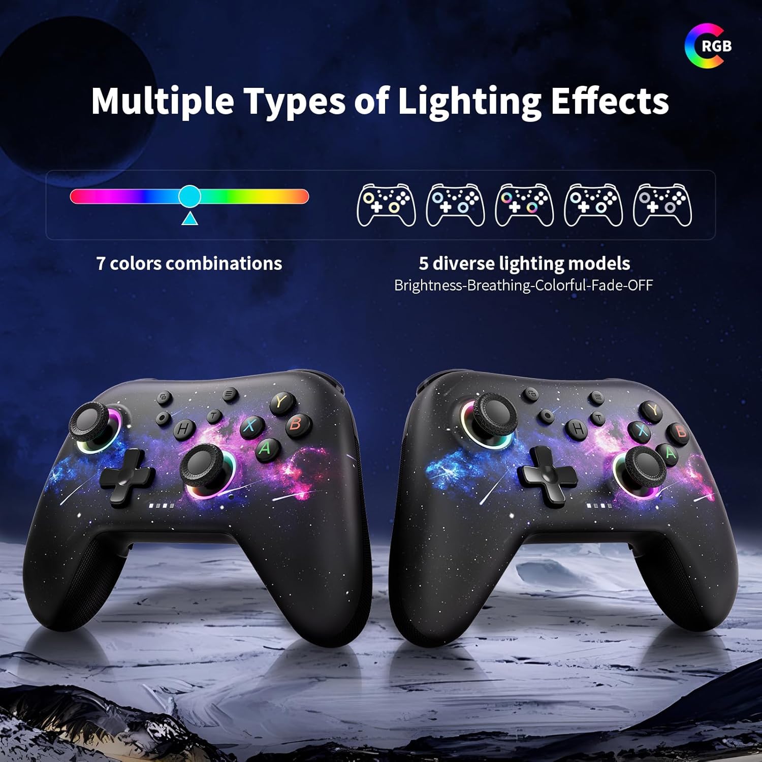 Two controllers displaying various RGB lighting effects around the joysticks, with a color spectrum and icons for different lighting models.