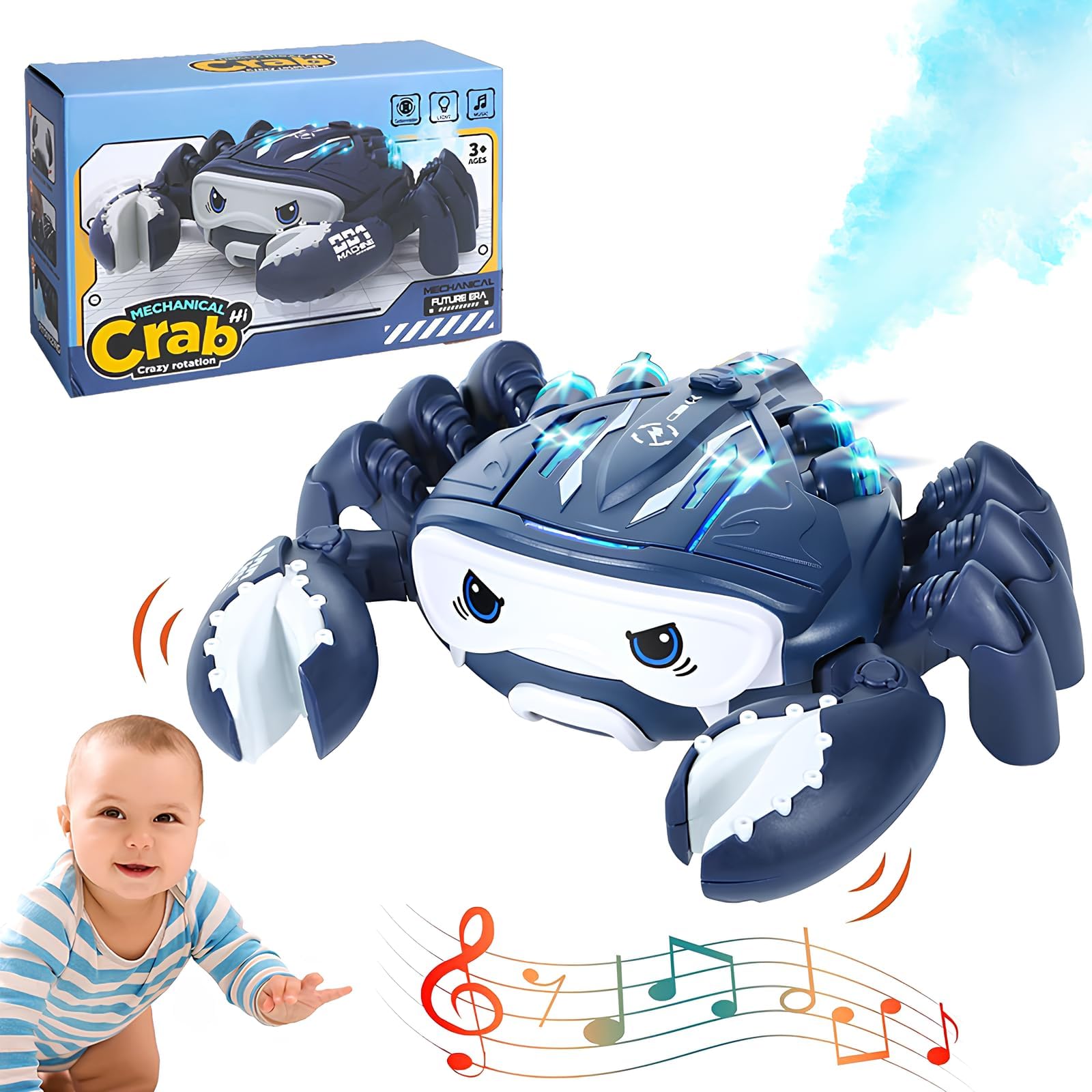 Interactive Robotic Crab Toy for Toddlers โ Fun Educational Play with Auto-Obstacle Avoidance and Cool Water Spray Features, Lights, and Music โ Perfect for Tummy Time and Motor Skills Development