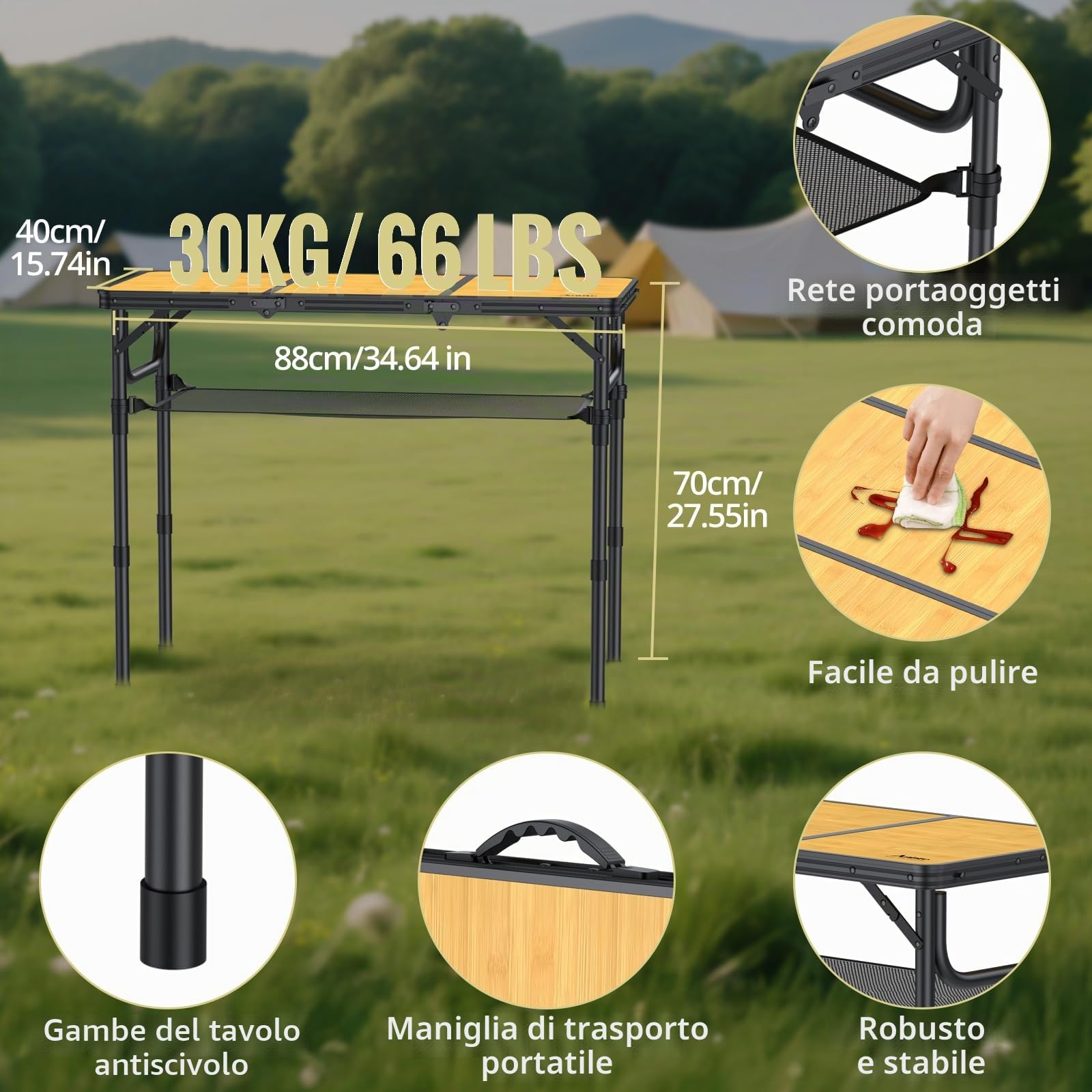 Anbte Tavolo Pieghevole da Campeggio Giardino,3 Regolabile In Altezza Portatile Tavolino da Caffè-87 * 40cm Effetto Legno Tavoli per Picnic/Spiaggia/Camera/Lavoro/Truccarsi