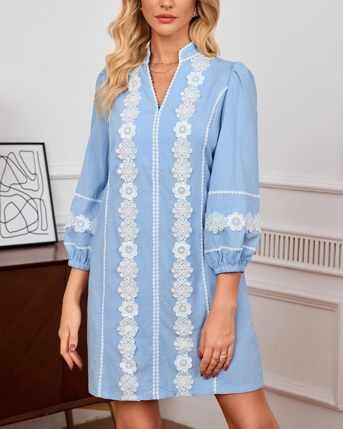 Women's Lace Floral Tunic Dress 3/4 Puff Sleeve V Neck 3D Embroidered Mini Dress - Image 4