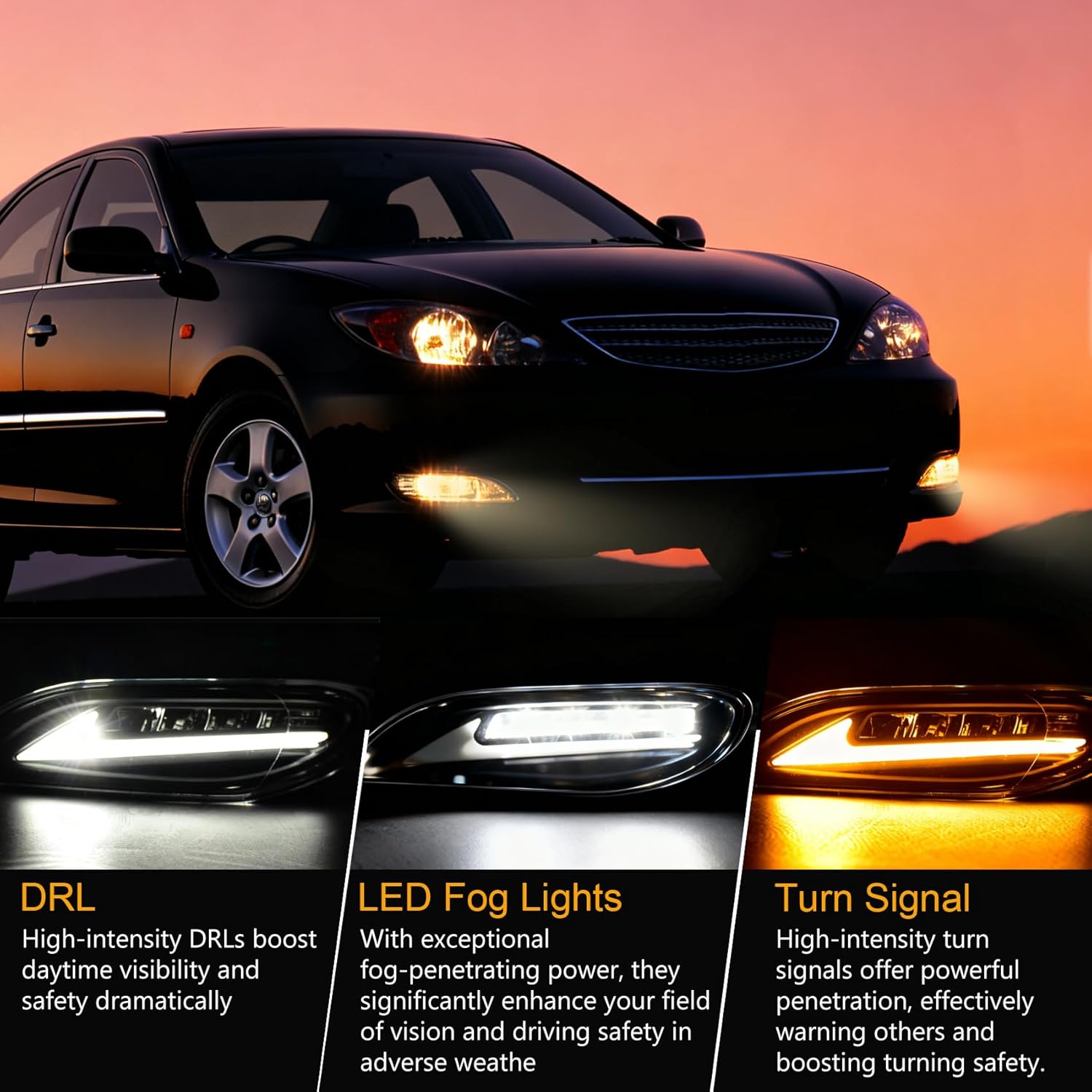 LED Fog Light Assembly with DRL Turn Signal, High Brightness Clear Front Lights Kit Vehicle Specific Fit for 2002-2004 Toyota Camry 2005-2008 Corolla 2002-2003 Solara DOT Approved
