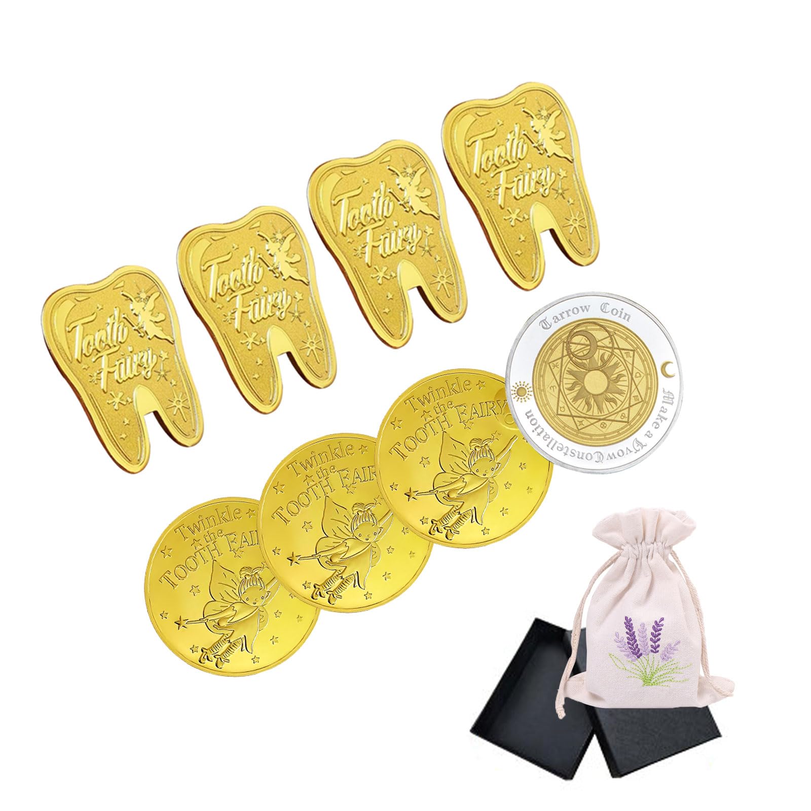 Amazon.co.jp: 歯の妖精 コイン 記念メダル コイン 歯 妖精 メダル 8枚セット 金貨 ギフト箱付き 収納巾着袋付き バラエティ 歯  妖精 乳歯 トゥースフェアリー 金貨 記念 歯の妖精コイン 色あせなし 歯と交換するコイン (8pcs) : ベビー＆マタニティ