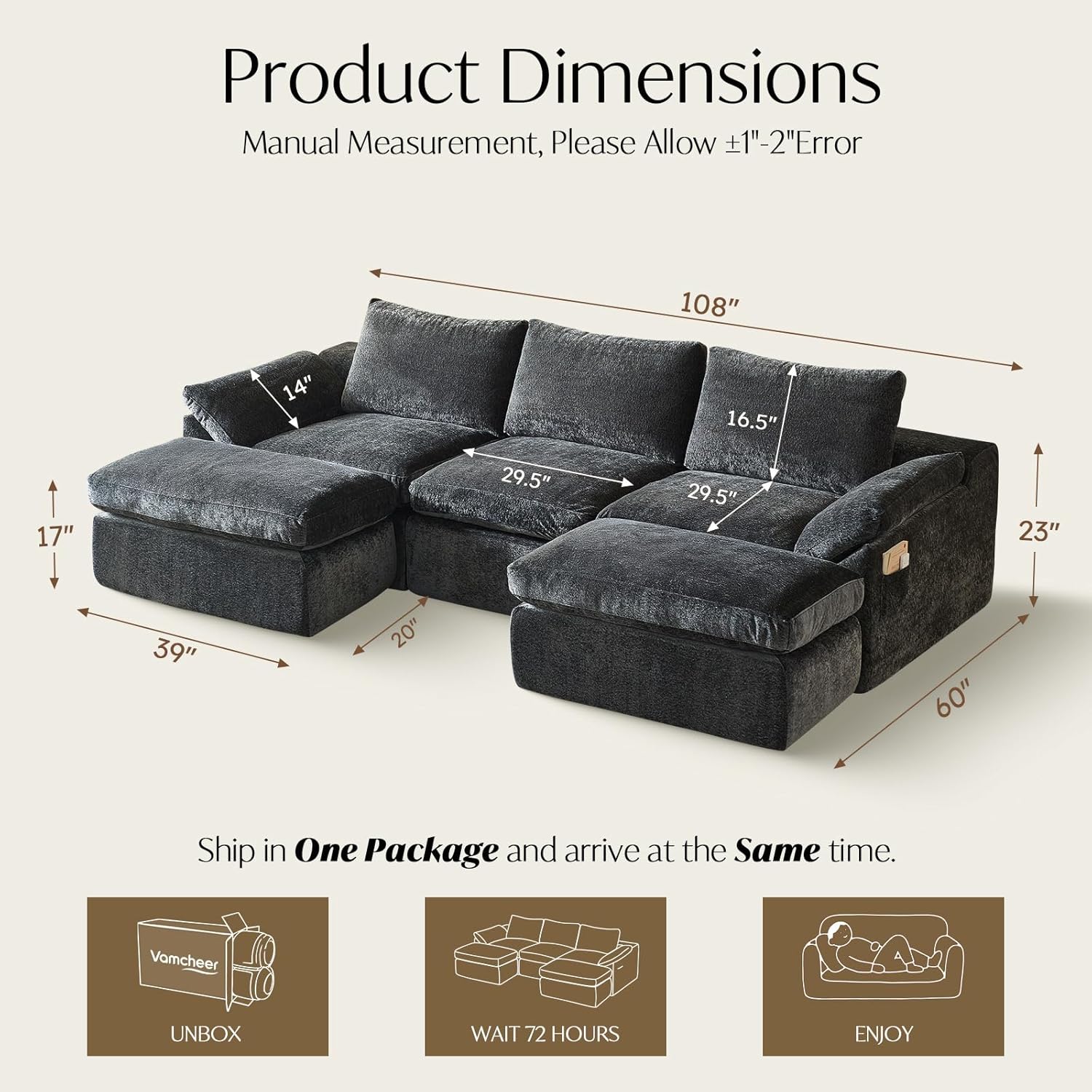 Vamcheer U Shaped Cloud Couch - Utra Soft Modular Sectional Sofa with 2 Movable Ottoman, Deep Seat Boneless Couches for Living Room, Bedroom, Office, No Assembly Required, Grey