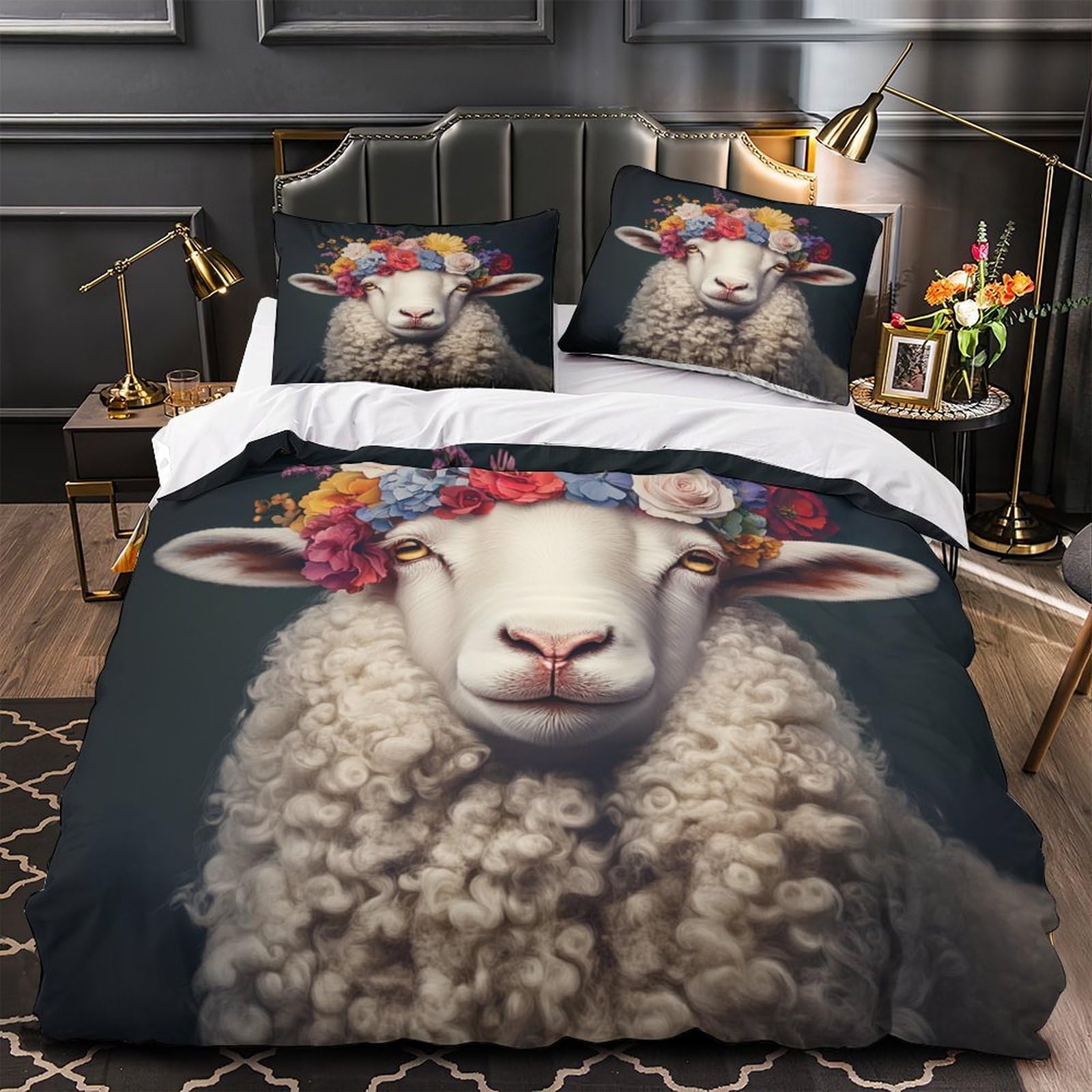 Housse de couette mouton 3D Super King 260x220 cm avec 2 taies d'oreiller en microfibre