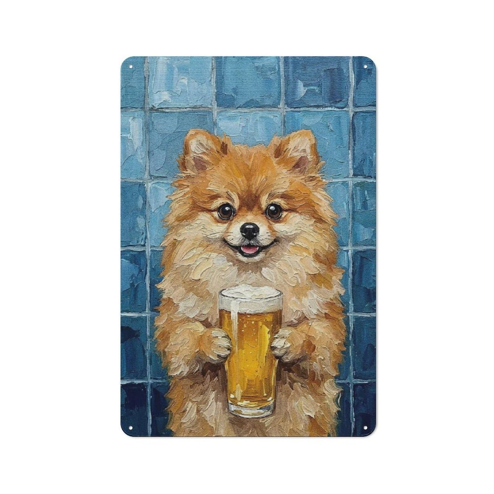 Pomeranian Dog with Beer Painting Tin Wall Plaque 30x20cm, Barn Style Rustic Kitchen Decor for Farmhouse Kitchen, Pantry Or Dining Area