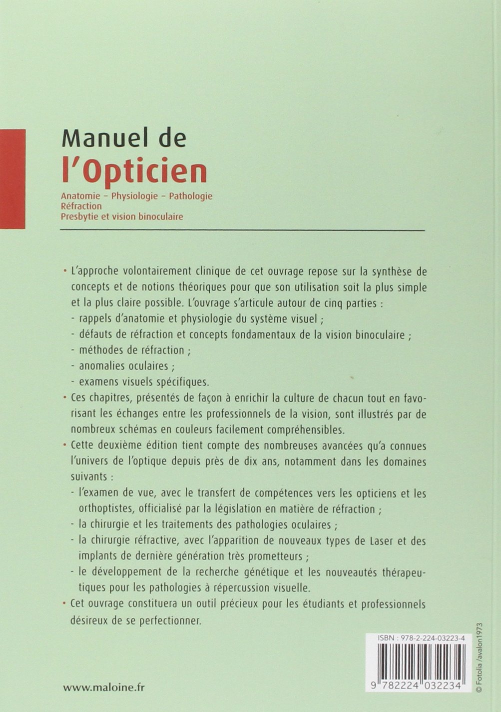 MANUEL DE L'OPTICIEN, 2EME EDITION