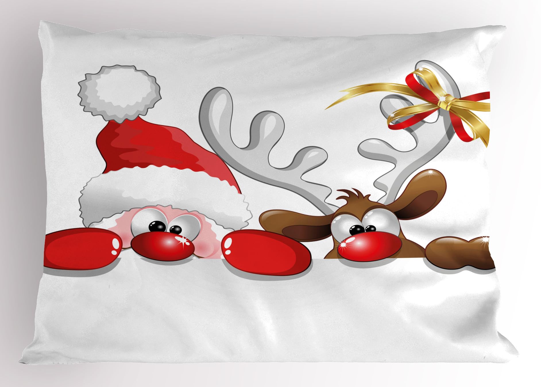 Ambesonne Christmas Pillow Sham, Funny Christmas Santa Claus and Reindeer Peeking Cartoon Style Humor, Decorative Standard Size Printed Pillowcase, 26
