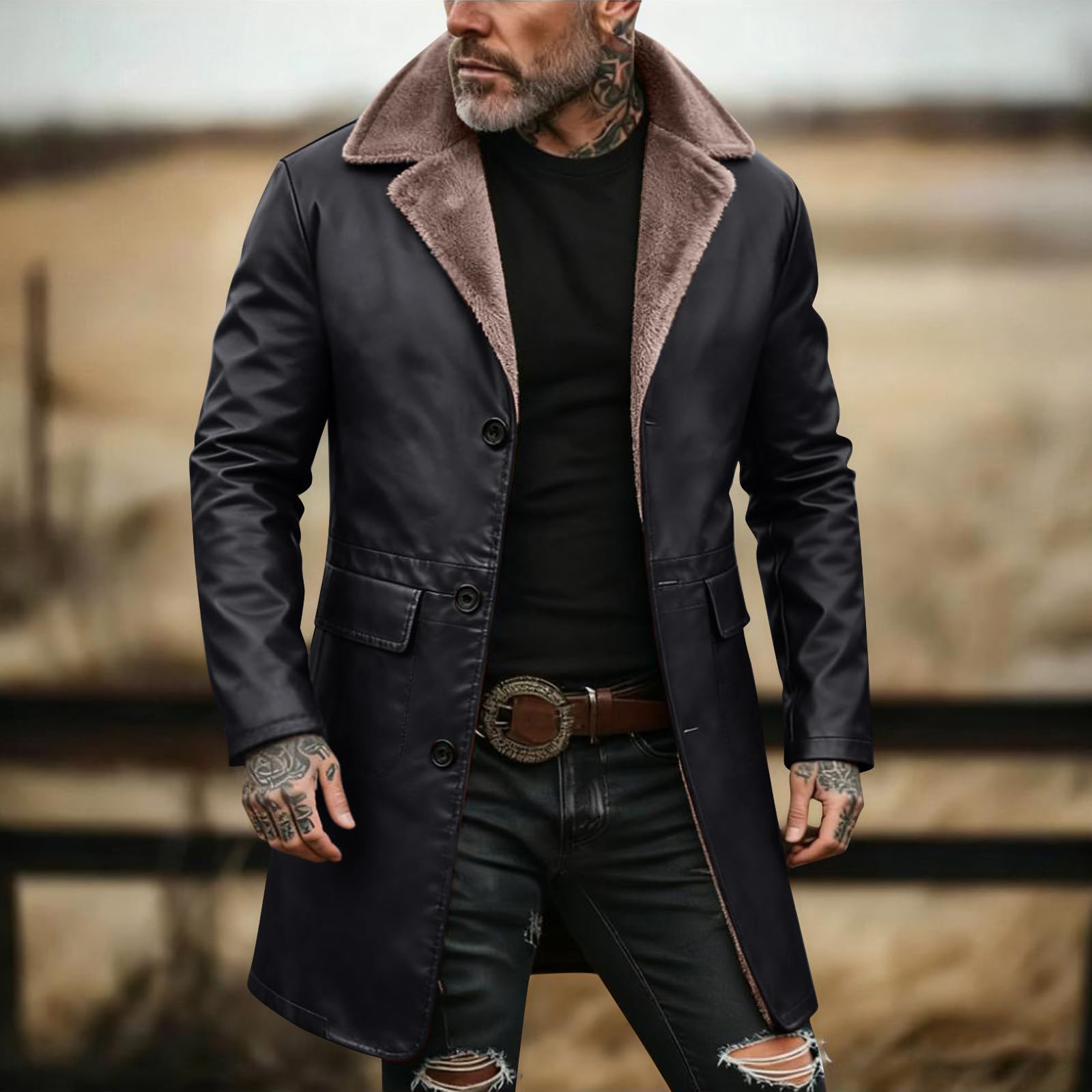 Generisch Lederjacke Herren Gefüttert Winterjacke Männer Sherpa Jacke Herren Herbstmantel Wintermantel Long Coat Men Anorak Herrenmantel Lang Übergangsjacke Herbst Leder Sakko