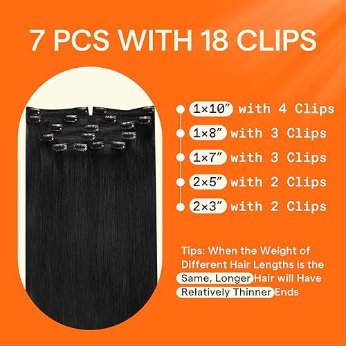 Miniatura 3 de Full Shine - Extensiones de clip de cabello humano, extensiones doble capa de cabello brasileño lacio - Color1, negro azabache, 7piezas, 4.2onzas