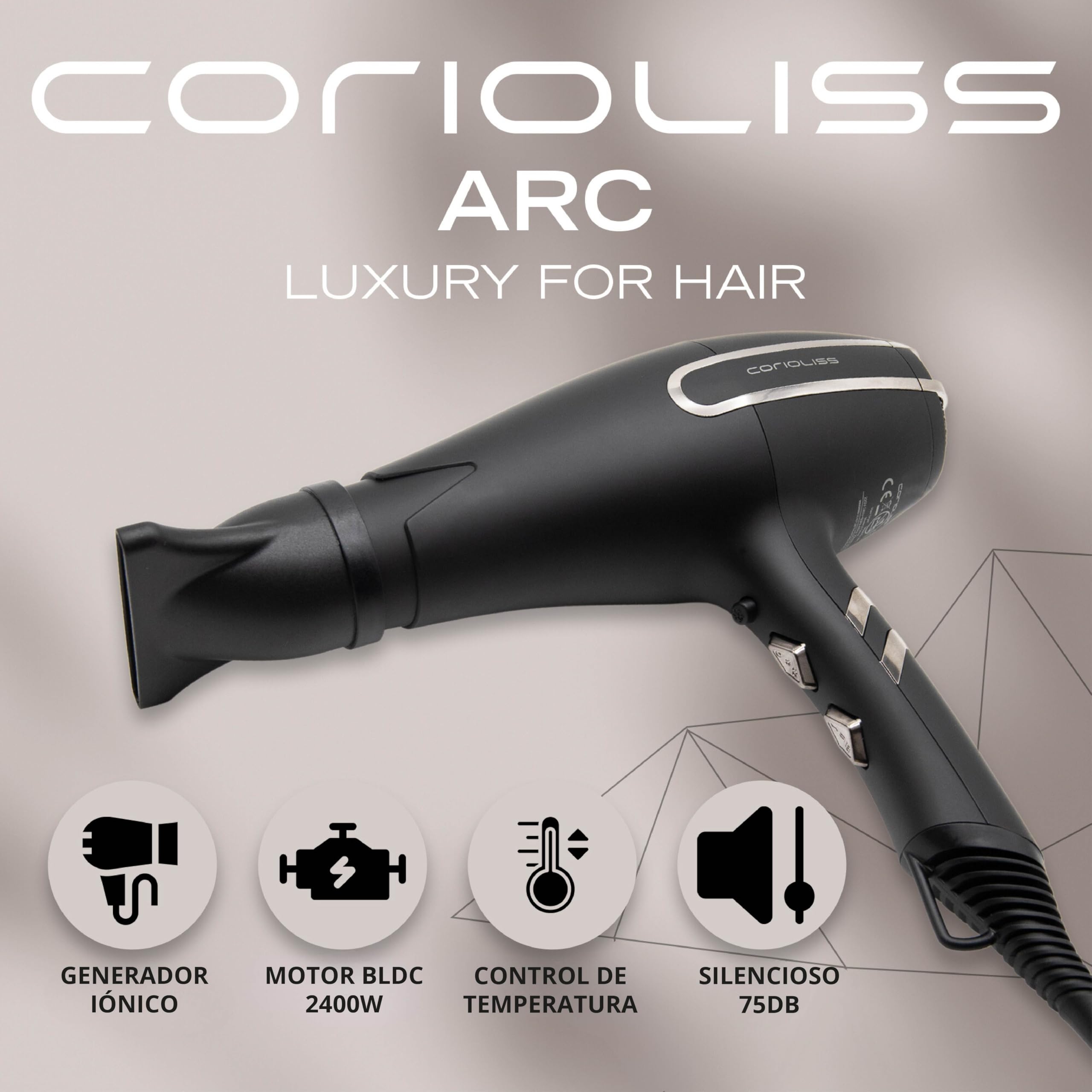 Corioliss ARC Secador Pelo Profesional Iónico | Silencioso 75 Db | Ligero 430 Gr.| Motor BLDC Ultima Generación | Potente 2400W | 4 Boquillas