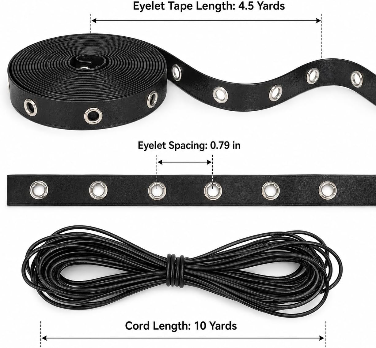 Black Leather Grommet Tape with Cord