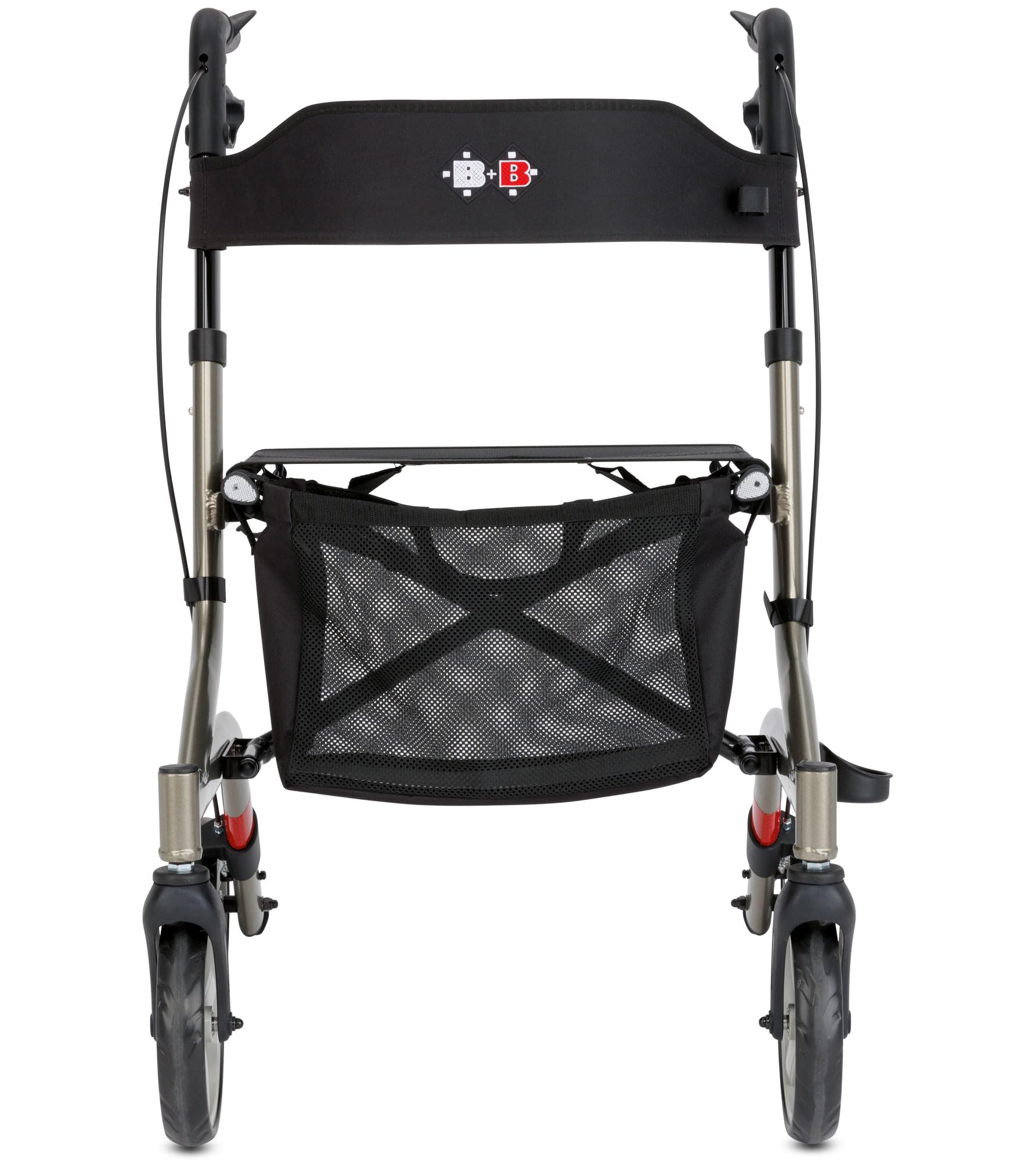 Bischoff & Bischoff Capero Rollator, faltbar – Leichtgewicht-Rollator für drinnen und draußen, Gehwagen mit Rücken-Gurt, Stockhalter und abnehmbarer Netz-Tasche, Platin
