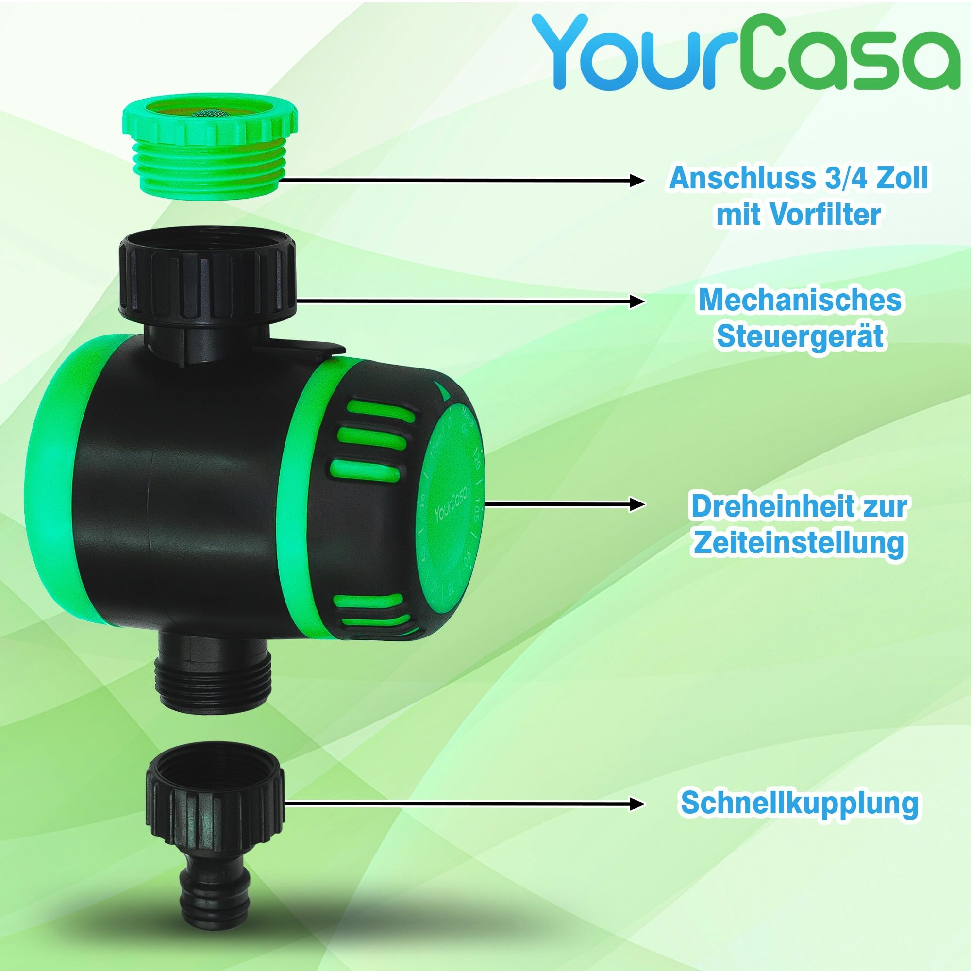 YourCasa Bewässerungsuhr MECHANISCH mit Filter [120 Min] - Zeitschaltuhr mit Schlauchkupplung zur Bewässerung - Wasserhahn Garten Wasser Zeitschaltuhr Bewässerungsautomat Wasserzeitschaltuhr (Grün)