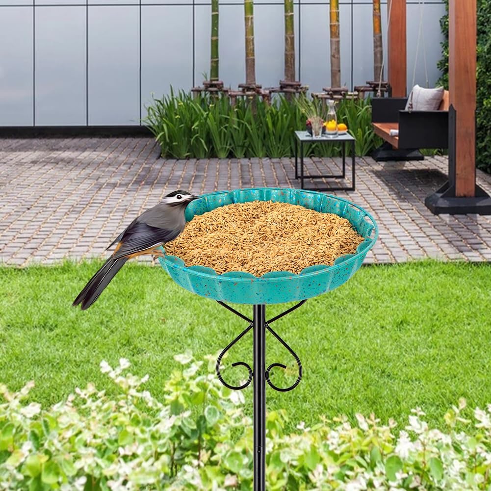 Metal Bird Bath for Outside,Cyan Bird Baths & Feeder with Hummingbird Pattern Metal Disc 5-Pronged Base Stakes for Outdoors,Birdbath for Garden,Patio,Lawn Decor