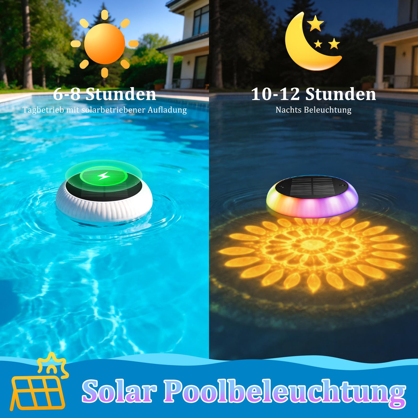 Toowell Solar Poolbeleuchtung Unterwasser,Wasserdicht Poolbeleuchtung Solar Pool Licht,Fernbedienung,RGB,Timer,6 Farben,12 Modi Pool Lichter Unterwasser Pool Beleuchtung für Aufstellpool,1 Stück