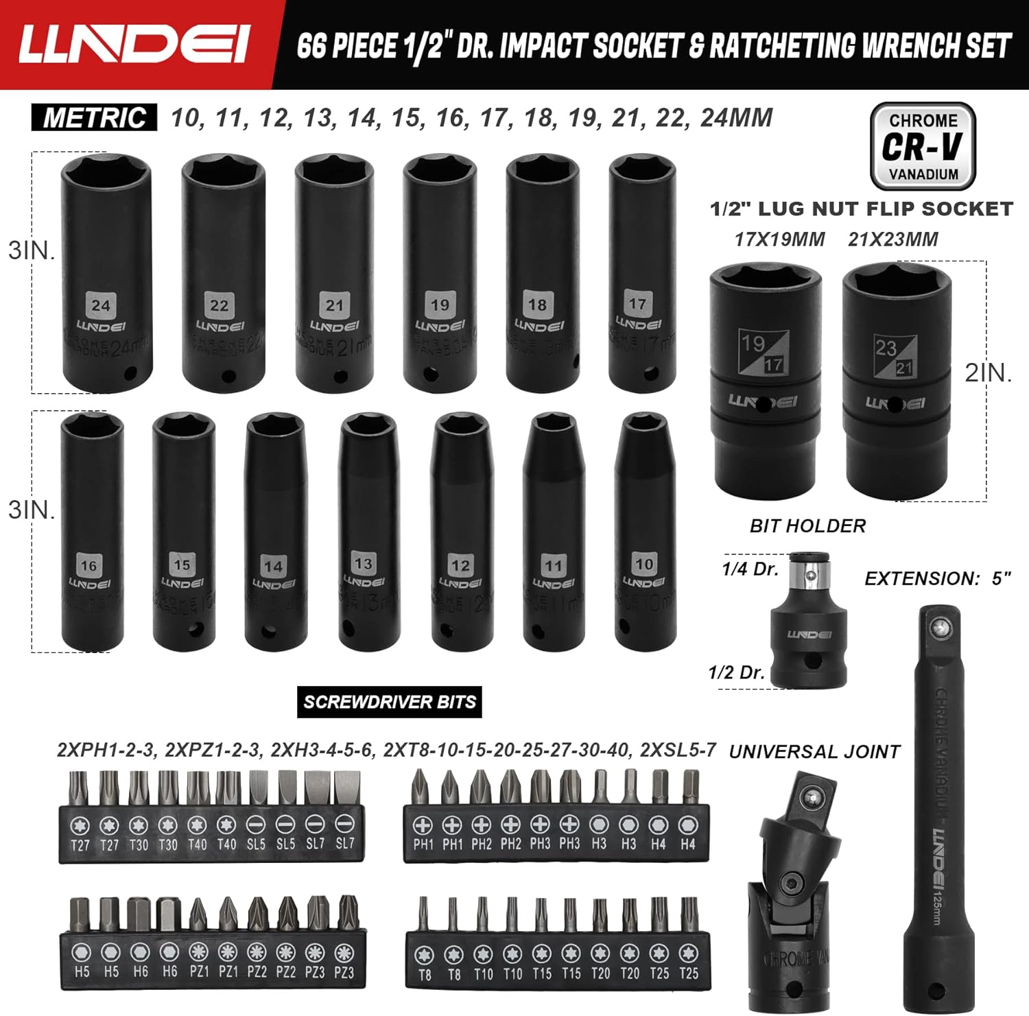 LLNDEI 66 PCS 1/2" Drive Impact Socket Set&52 PCS 1/4" Drive Impact Socket Set - 